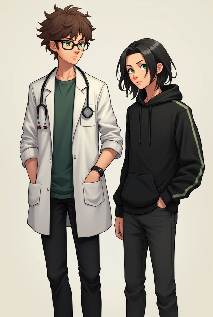 draw two guys standing next to each other, in the left the guy is about 6'2 tall has eye glasses and has brown curly hair, he wears pre-med clothes with stethoscope and has green eyes looks like a nonchalant guy, the other guy beside him wears black clothes has long black hair and freckles looking playful