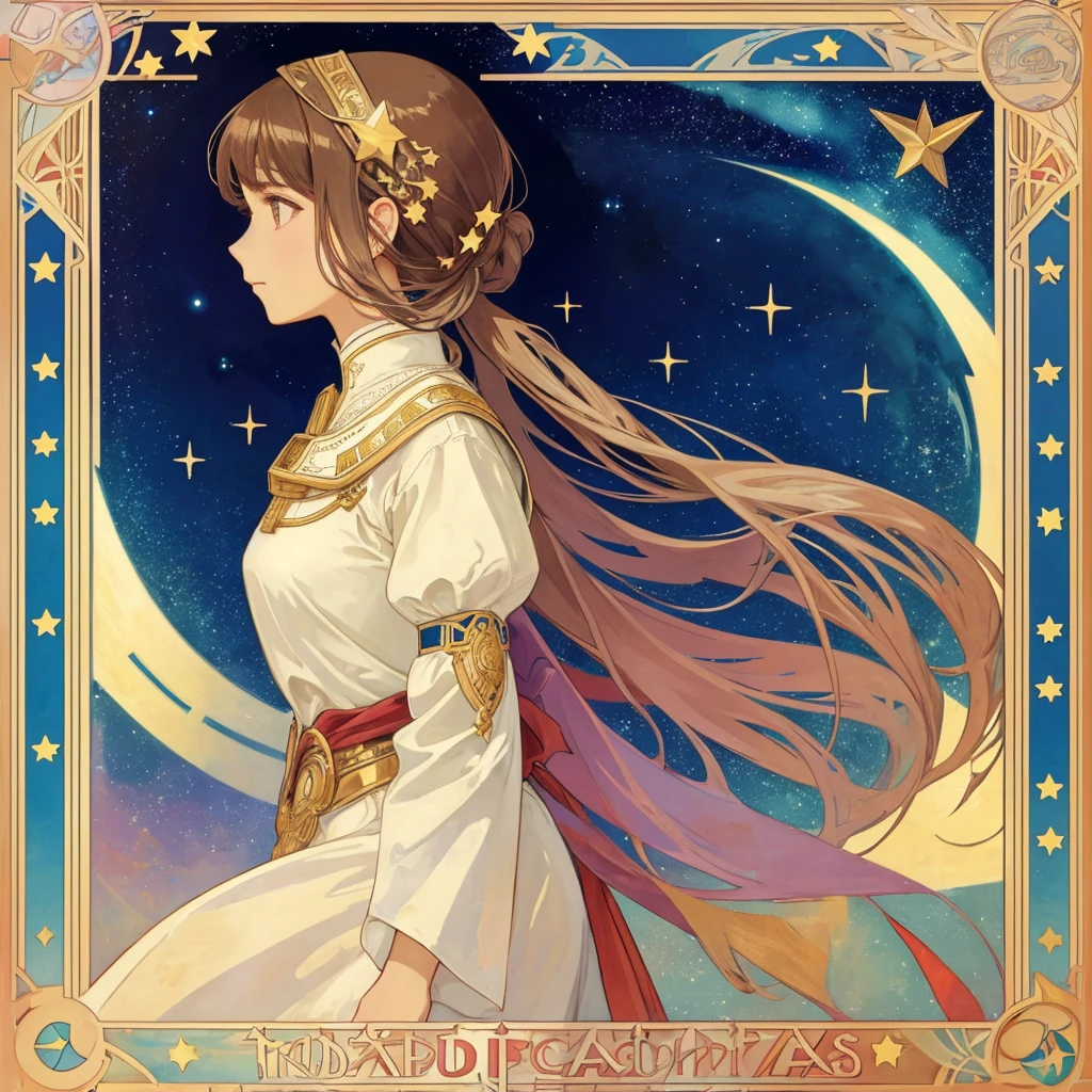 1 girl, (masterpiece, highest quality, highest quality, beautiful and aesthetic: 1.2), (1 girl: 1.3), delicate clothing, square picture frame, ((face)), sharp pupils, cool face, Alphonse Mucha's, Traditional Arab dress, color hairstyle, Ultra-detailed, Soft Light, Gentle colors, solo, dynamic, (((star patterns in the background))), ((profile)), アクセサリー,