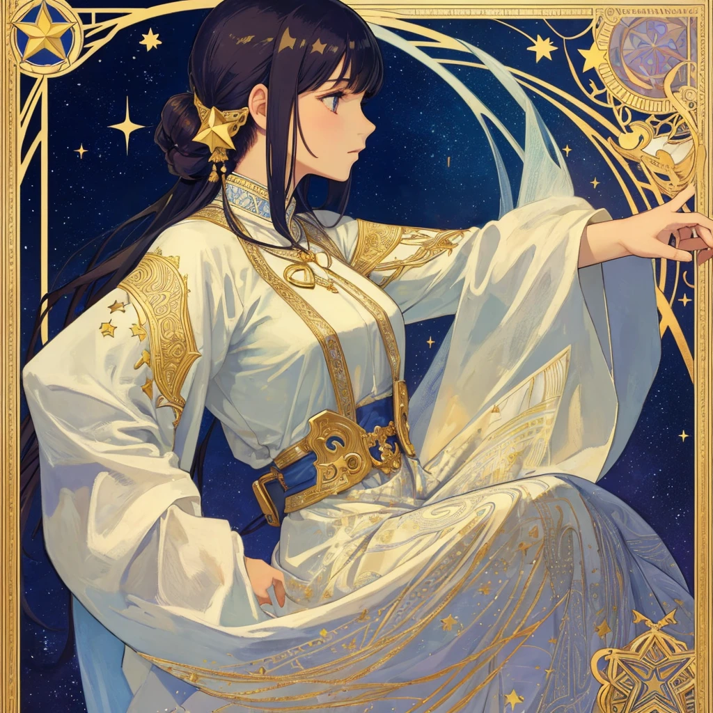 1 girl, (masterpiece, highest quality, highest quality, beautiful and aesthetic: 1.2), (1 girl: 1.3), delicate clothing, square picture frame, ((face)), sharp pupils, cool face, Alphonse Mucha's, Traditional Arab dress, color hairstyle, Ultra-detailed, Soft Light, Gentle colors, solo, dynamic, (((star patterns in the background))), ((profile)), アクセサリー, 