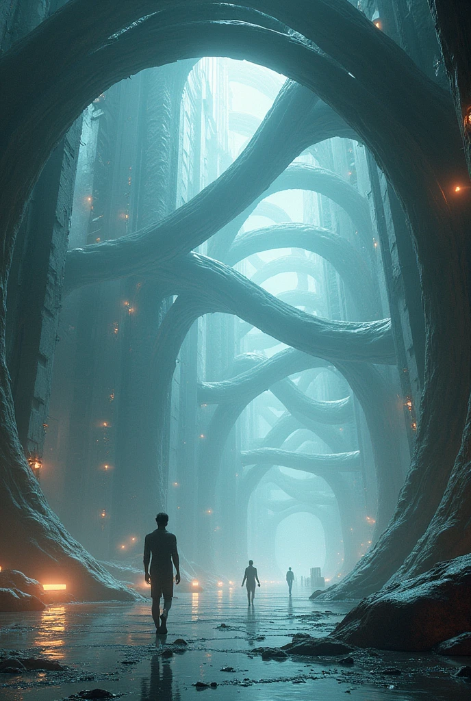 Sci-fi, twisted reality, space station, quantum, mind-bending, reality-bending around, trees coiling around each other, large open space