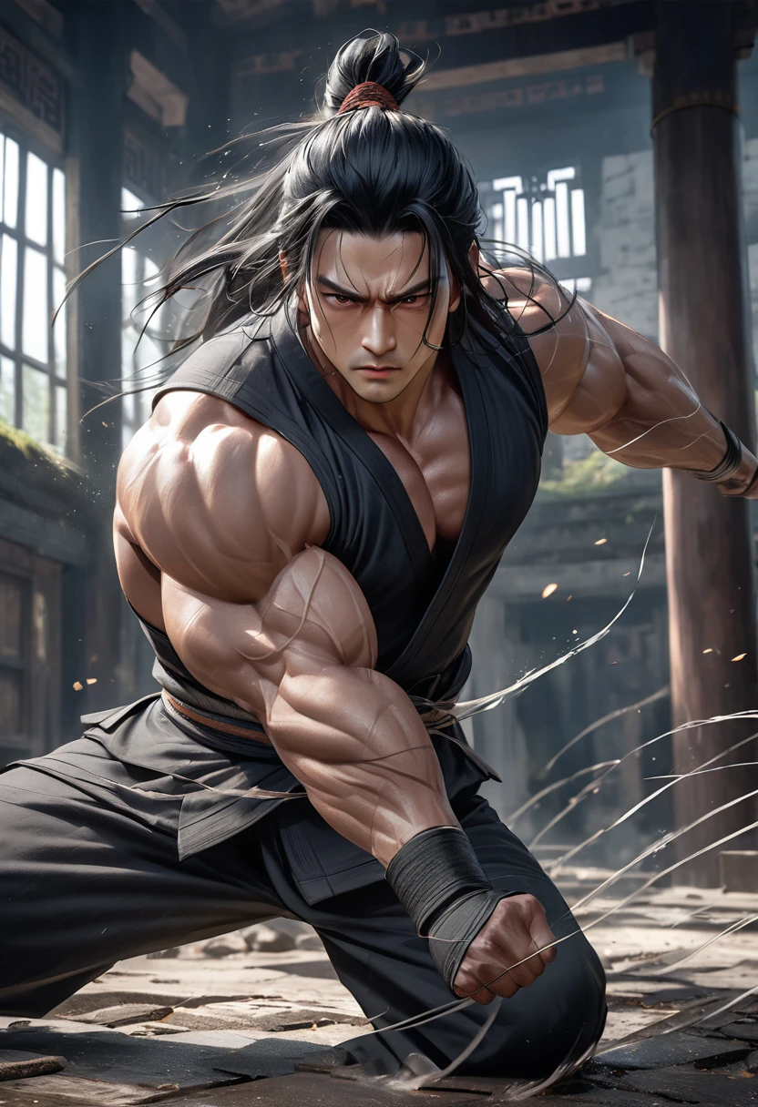 [Realistic], [cinematic], a muscular man doing dynamic movements. The face of the long black-haired figure looks gloomy and calm with a blank look in his eyes, and his body is depicted with dynamic flowing lines, depicting the movements and strength of the drunken god martial arts, the background is an old abandoned temple." 