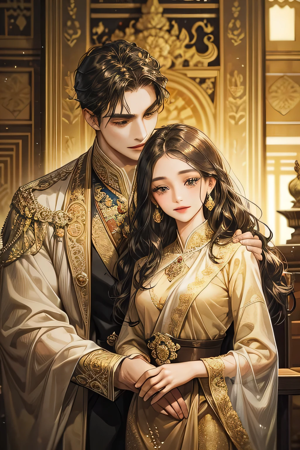 couple, javanese style, brown suit, smile and charming, quiet but gentle, brown attire suit, black eyes, royal palace, black wavy hair, kebaya, indonesia temple, javanese style,masterpiece, detailed eyes, detailed body, accurate