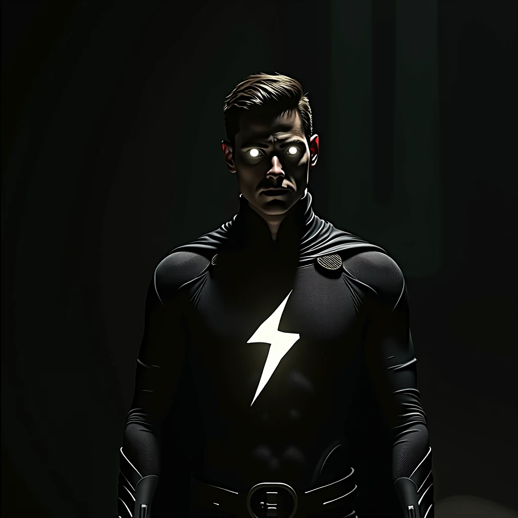 man, small eyes, two white eyes, superhero outfit, dark, silhouette only