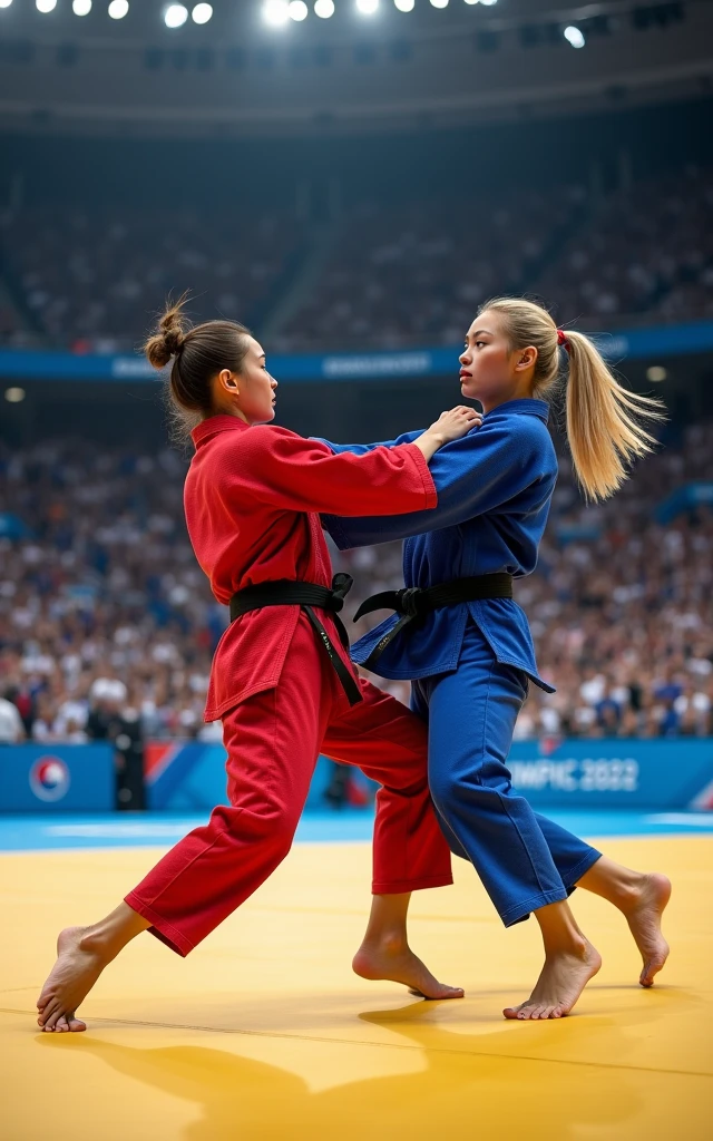 Ultra-high resolution，Women&#39;s judo at the Olympics，Two people competing on the same stage，A red judo uniform，A blue judo uniform，（ The one wearing the red judo uniform is an 1 Korean beauty，Super beautiful，Super fair skin）（The girl wearing the blue judo uniform is an American blonde） full-body shot，Panoramic vistas，Wide-angle lens，Olympic Judo，Olympic competition background，The Red Team and the Blue Team compete on the same stage，Fall，suppress，Exaggerated actions，Large amplitude of action，Intense stimulation，be booked up，The venue was full of audience，enthusiasm，