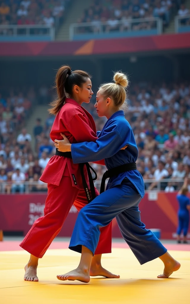 Ultra-high resolution，Women&#39;s judo at the Olympics，Two people competing on the same stage，A red judo uniform，A blue judo uniform，（ The one wearing the red judo uniform is an 1 Korean beauty，Super beautiful，Super fair skin）（The girl wearing the blue judo uniform is an American blonde） full-body shot，Panoramic vistas，Wide-angle lens，Olympic Judo，Olympic competition background，The Red Team and the Blue Team compete on the same stage，Fall，suppress，Exaggerated actions，Large amplitude of action，Intense stimulation，be booked up，The venue was full of audience，enthusiasm，