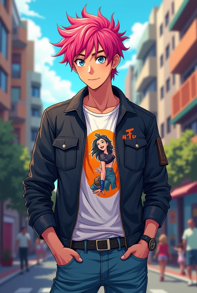For Felipe, the recently transplanted city boy with a mop of pink hair, I'd paint a vivid picture: Felipe is a little shorter than average, at about 5'8", but he exudes a confident energy that belies His height. His pink hair is a striking contrast to typical masculine norms, adding to his charm. rich who seem to contain a perpetual spark of mischief or curiosity. He has a slender but athletic build, probably from years of running around city streets or participating in urban sports. His skin has a warm, golden glow from frequent outdoor excursions. Felipe generally dresses in casual, modern clothing that highlights his edgy style – skinny jeans, printed t-shirts, and the occasional leather jacket. Despite his upbringing in the city, Felipe has a down-to-earth, approachable demeanor. He's quick-witted and likes to make jokes, but there's an underlying sensitivity and empathy that comes through in his interactions with those he cares about." Do it anime style