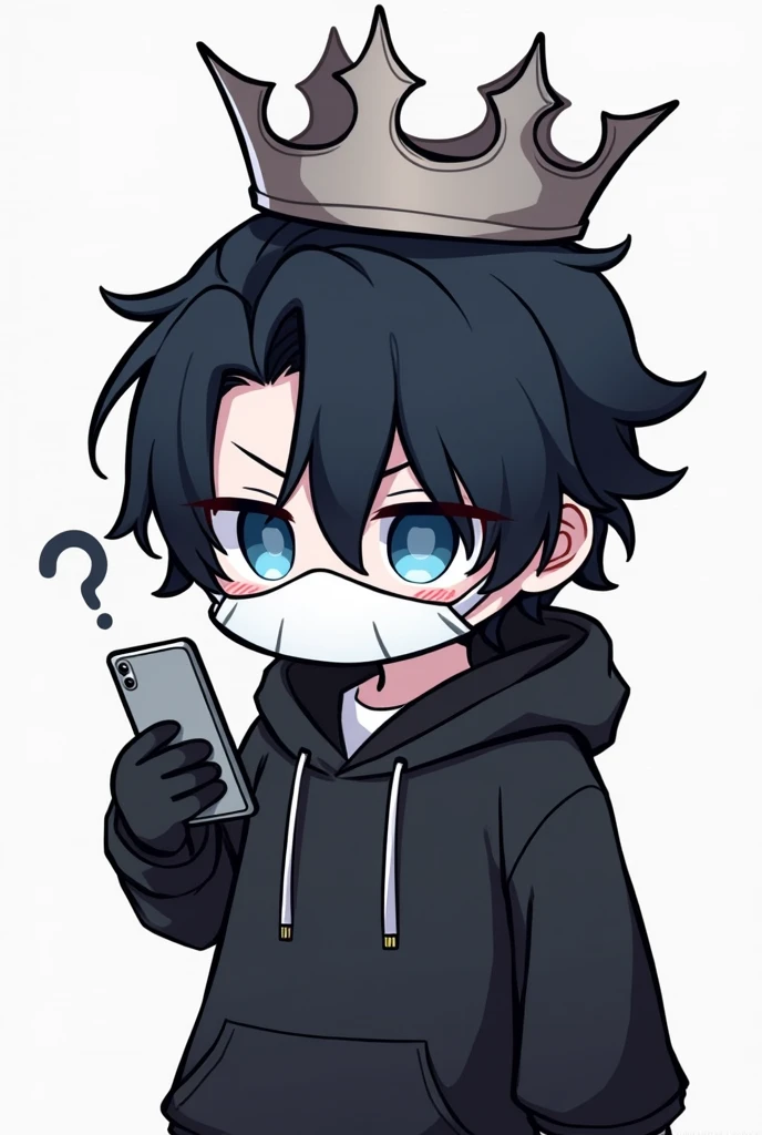 White Mask,male,Black Hair, Asymmetrical bangs, Parting the bangs,Blue Eyes,Drooping eyes,,Black hoodie,smartphone,computer,Simple background,cool,Illness,Confused eyes,Distributor,crown,King,Chibi Character