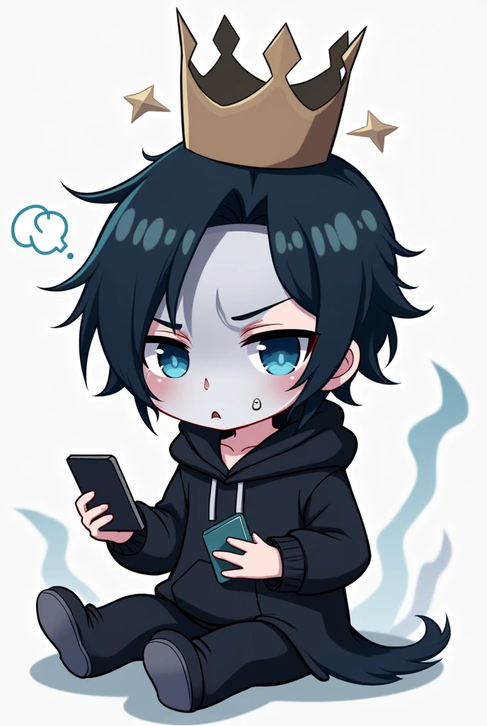 White Mask,male,Black Hair, Asymmetrical bangs, Parting the bangs,Blue Eyes,Drooping eyes,,Black hoodie,smartphone,computer,Simple background,cool,Illness,Confused eyes,Distributor,crown,King,Chibi Character