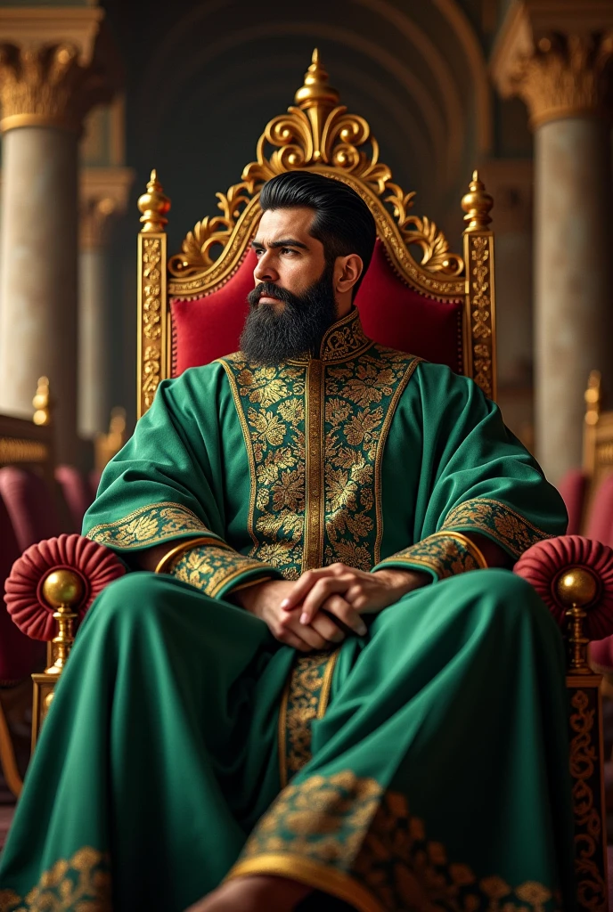 Create an image of Muslim King Mughal Emperor Aurangzeb sitting on throne from 15 feet distance. Create horizontal image. He should be at a distance. 12 cm × 6 cm. In green clothes. Short bear and handsome.
