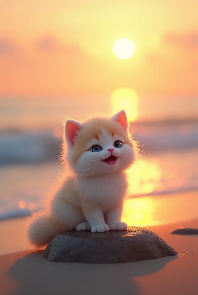 A serene beach at sunset, where a small, fluffy baby cat with soft fur sits on a rock near the shoreline. The baby cat, with its bright blue eyes, begins to sing a sweet, soft melody as the waves gently lap against the 
