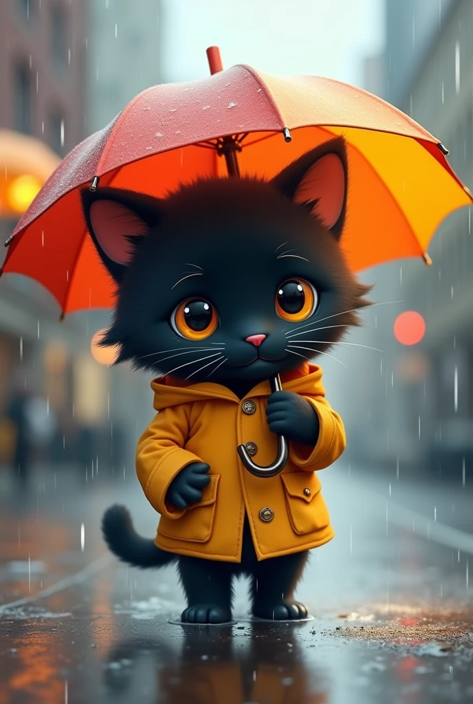 Humanoid cute fur Black cat with umbrella in rain 