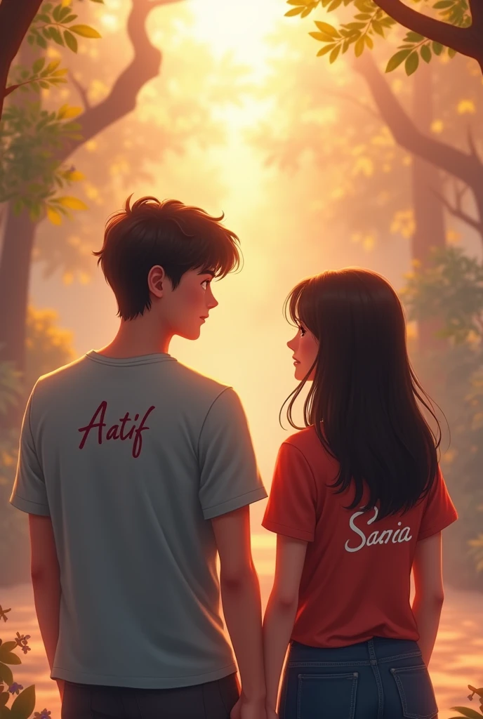 A 20 year men waited for a long time to talk to her girlfriend and she is also 20 year old .Give me the romantic image of both where the men is wearing a t-shirt in which the back side of t shirt shows a name called AATIF and a girl back side T-shirt name written is SANIA ...And boy is wishing her for her birthday.