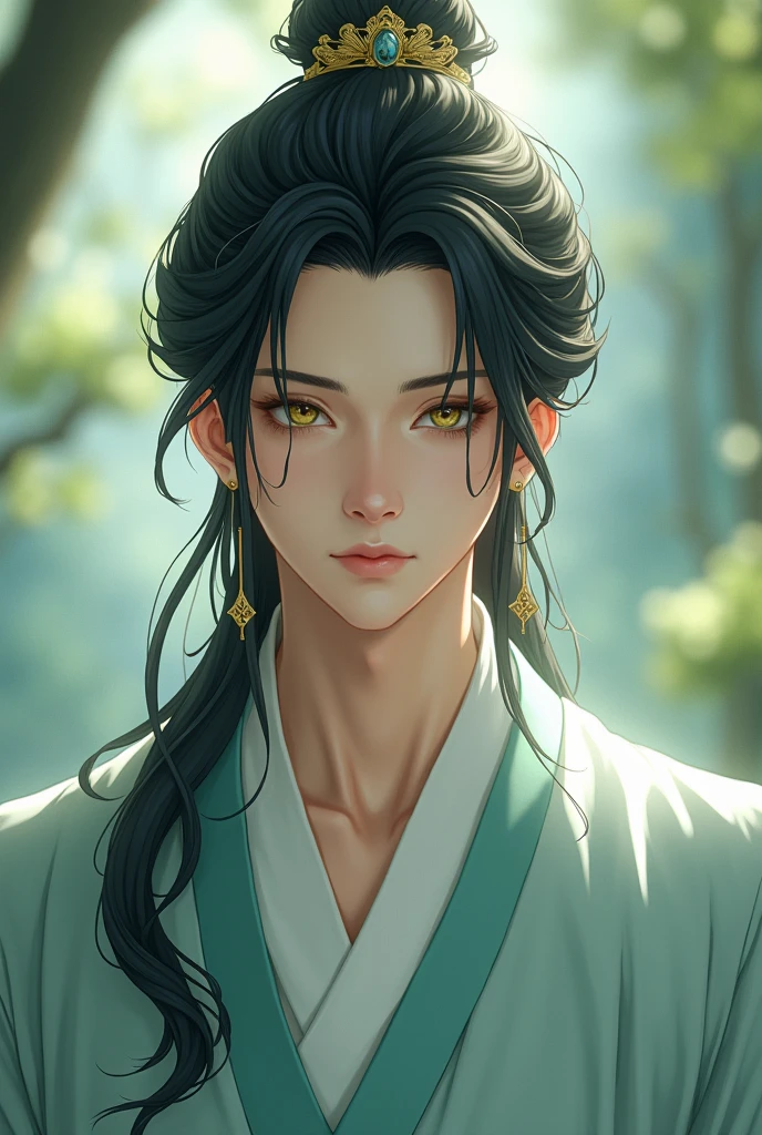 He has beautiful fair skin with slight phoenix eyes. Male.
Hair: straight waist-long hair that is Black with gold fading at the ends of and streaks
Eyes: Amber
- His hair is in a ponytail held up by a hair piece, two parts of his hair in the front droops down. his robes in shades of light blueish green