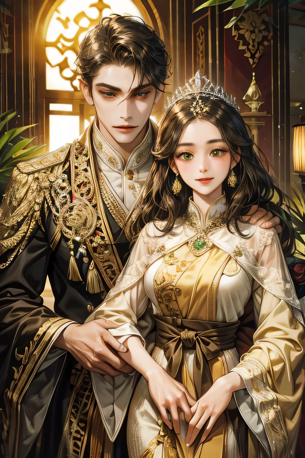 couple, javanese style, brown suit, smile and charming, quiet but gentle, brown attire suit, light green eyes, royal palace, black wavy hair, kebaya, indonesia temple, javanese style,masterpiece, detailed eyes, detailed body, accurate