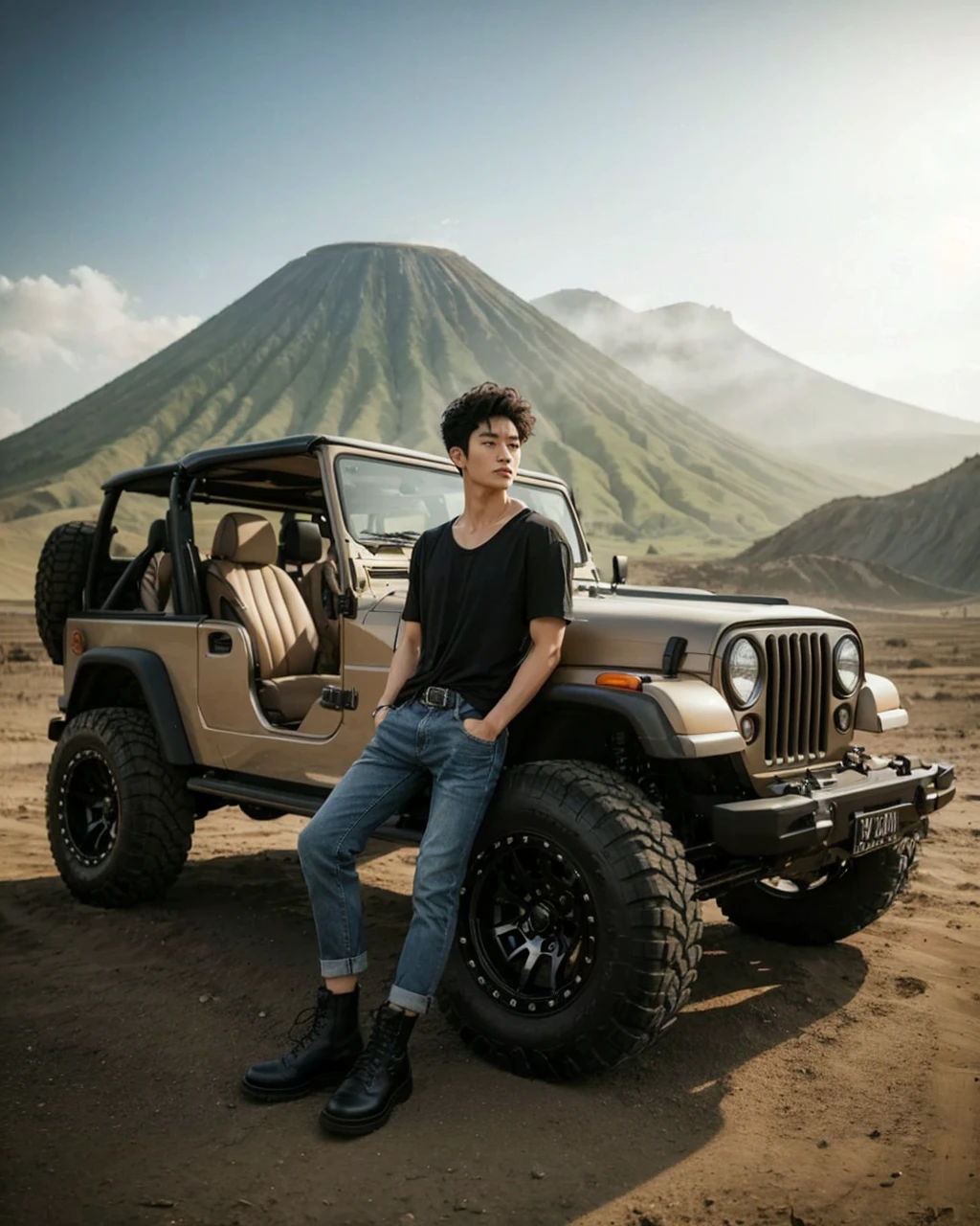 Stunning professional photo of a Korean man with short curly hair, standing next to a classic beige Jeep parked in front of Mount Bromo. Wearing a black t-shirt, blue jeans and black boots, he posed near a Jeep equipped with radial tires, brightly tinted windows and black accents, exuding a sense of adventure. The Bromo savanna illuminates the landscape, creating a harmonious blend of modern and classic elements