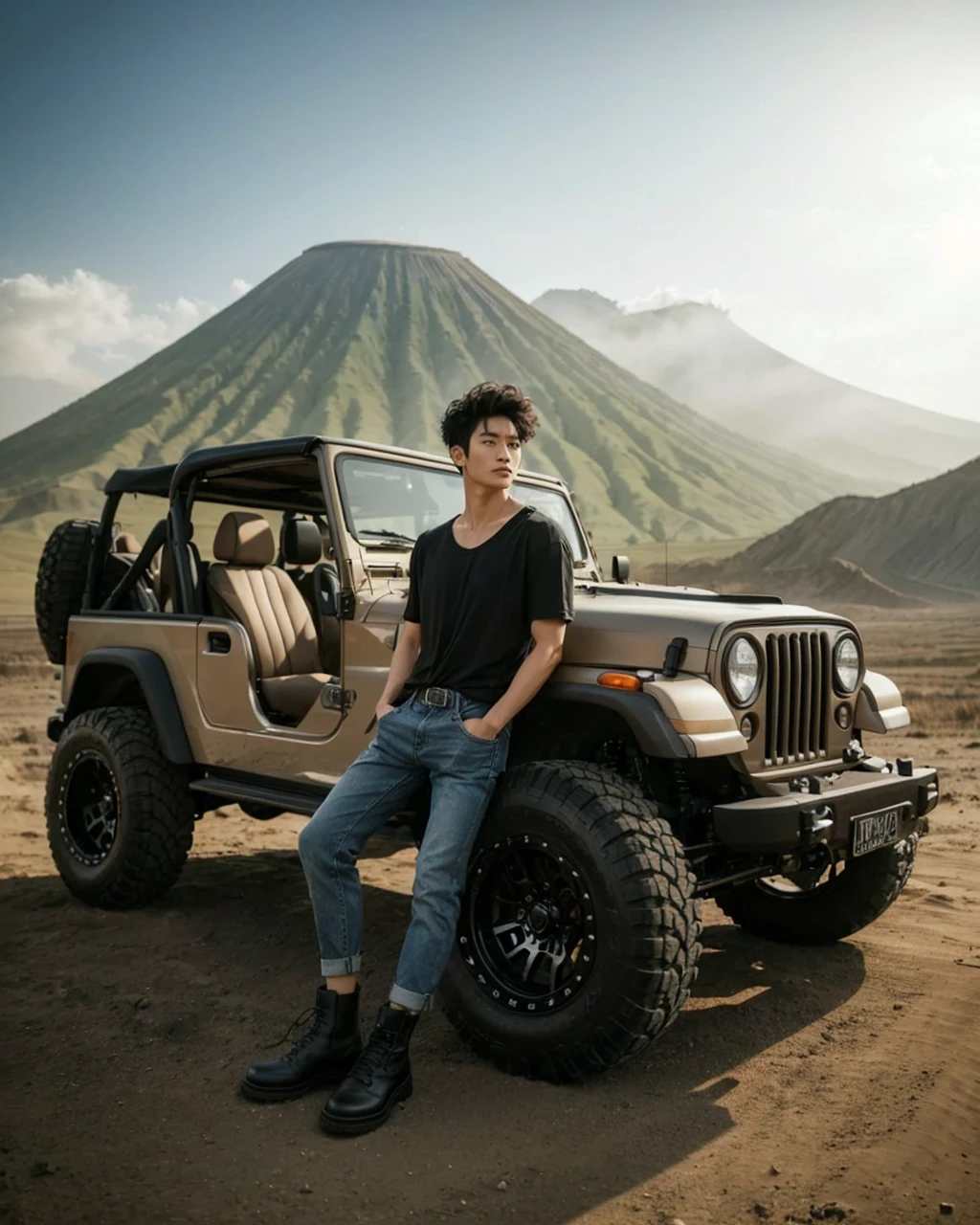 Stunning professional photo of a Korean man with short curly hair, standing next to a classic beige Jeep parked in front of Mount Bromo. Wearing a black t-shirt, blue jeans and black boots, he posed near a Jeep equipped with radial tires, brightly tinted windows and black accents, exuding a sense of adventure. The Bromo savanna illuminates the landscape, creating a harmonious blend of modern and classic elements