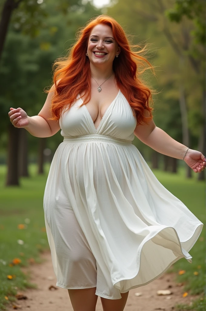 Realistic full body photo of a redheaded Spanish woman, plump, smiling, long-haired, dancing in front of the camera in a white cotton dress., park, glamorous photo shoot, perfect anatomy, Perfect eyes. Perfect hands with 5 fingers on each hand. fit girl, looking to the camera, strong hip:1.2, wide hip:1.3, 2 woman. (eye makeup:1.1), (very detailed skin:1.1), raw, analog style, sharp focus, 8k hd, DSLR, high quality, Fujifilm XT3, grain, awarded, masterpiece. smiling 
