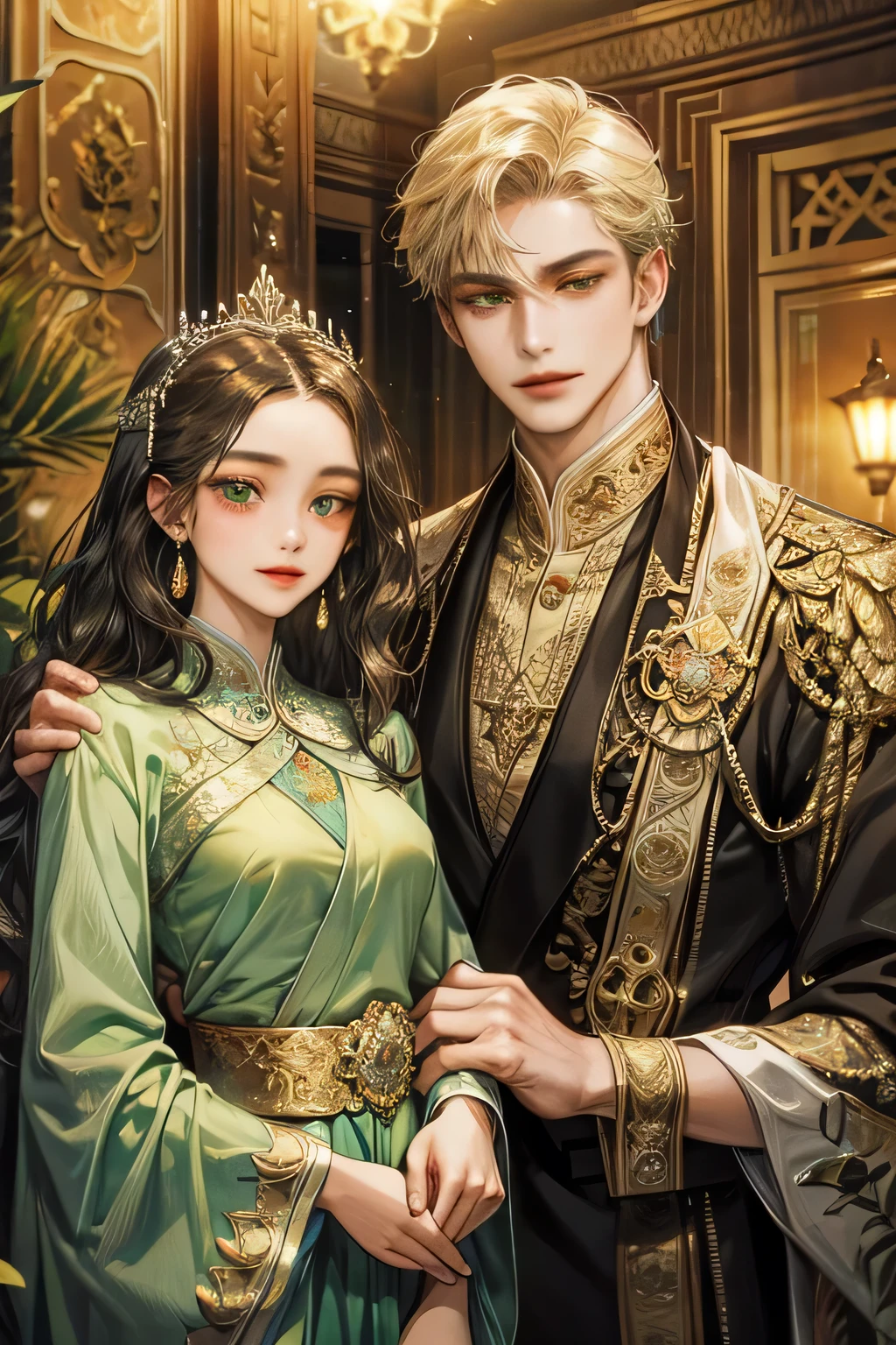 couple, javanese style, brown suit, smile and charming, quiet but gentle, brown attire suit, light green eyes, royal palace, black wavy hair, kebaya, indonesia temple, javanese style,masterpiece, detailed eyes, detailed body, accurate