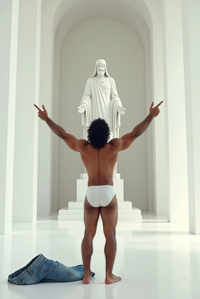 Young strong hairy and bearded Brazilian mixed race man in white underwear, Islamic cap on the head, standing, in a large white hall with their hands raised and pointing towards the strong statue of Zeus. Shirt and jeans lying on the floor.