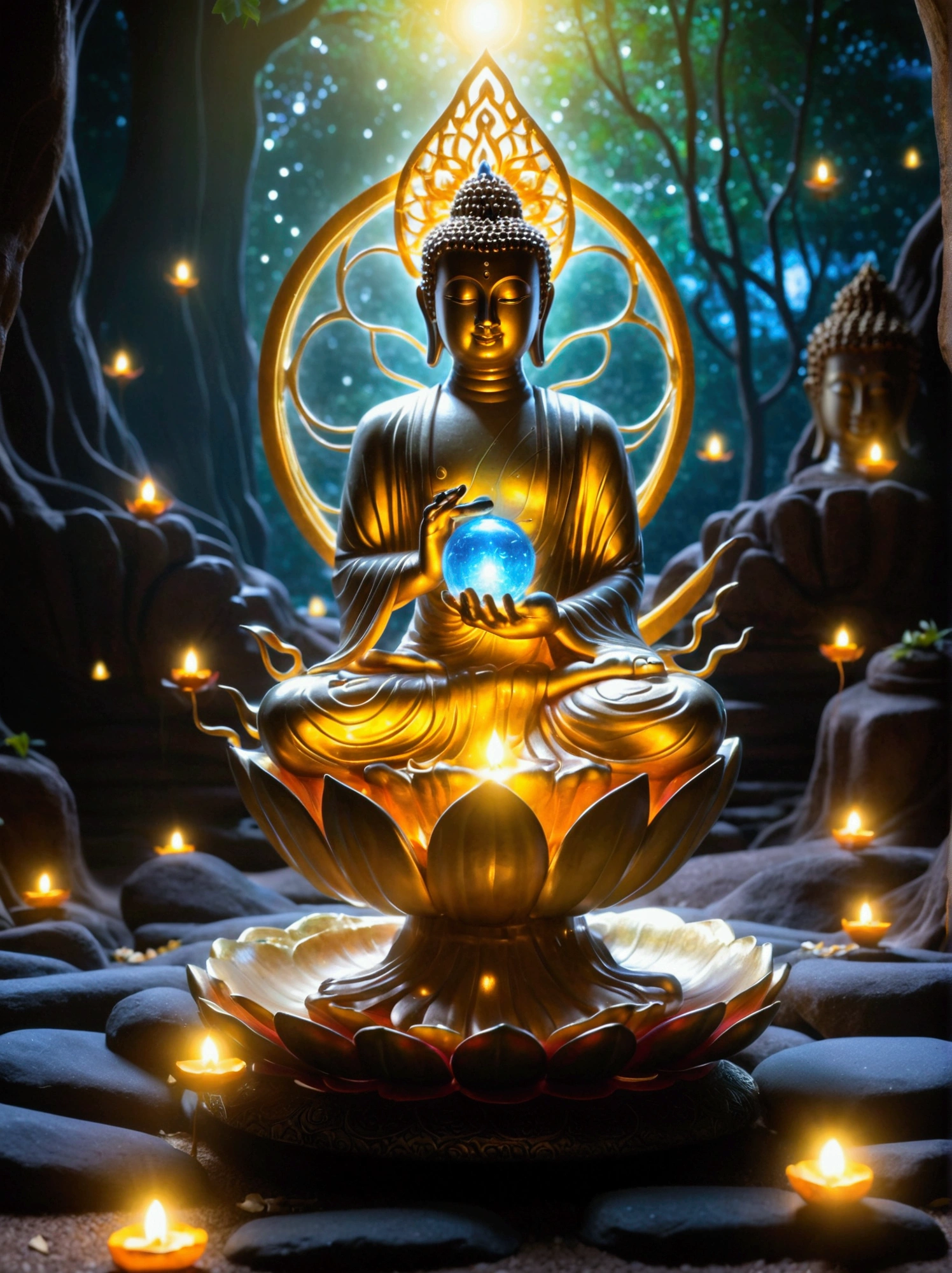 buddha with glowing lights and a glowing orb, buddhism, enlightenment. intricate, glowing from within, spiritual enlightenment, the buddha, on path to enlightenment, on the path to enlightenment, cosmic enlightenment, enlightened, beautiful depiction, emanating and flowing energy, samsara, glowing golden aura, an interdimensional being, the sacred cup of understading