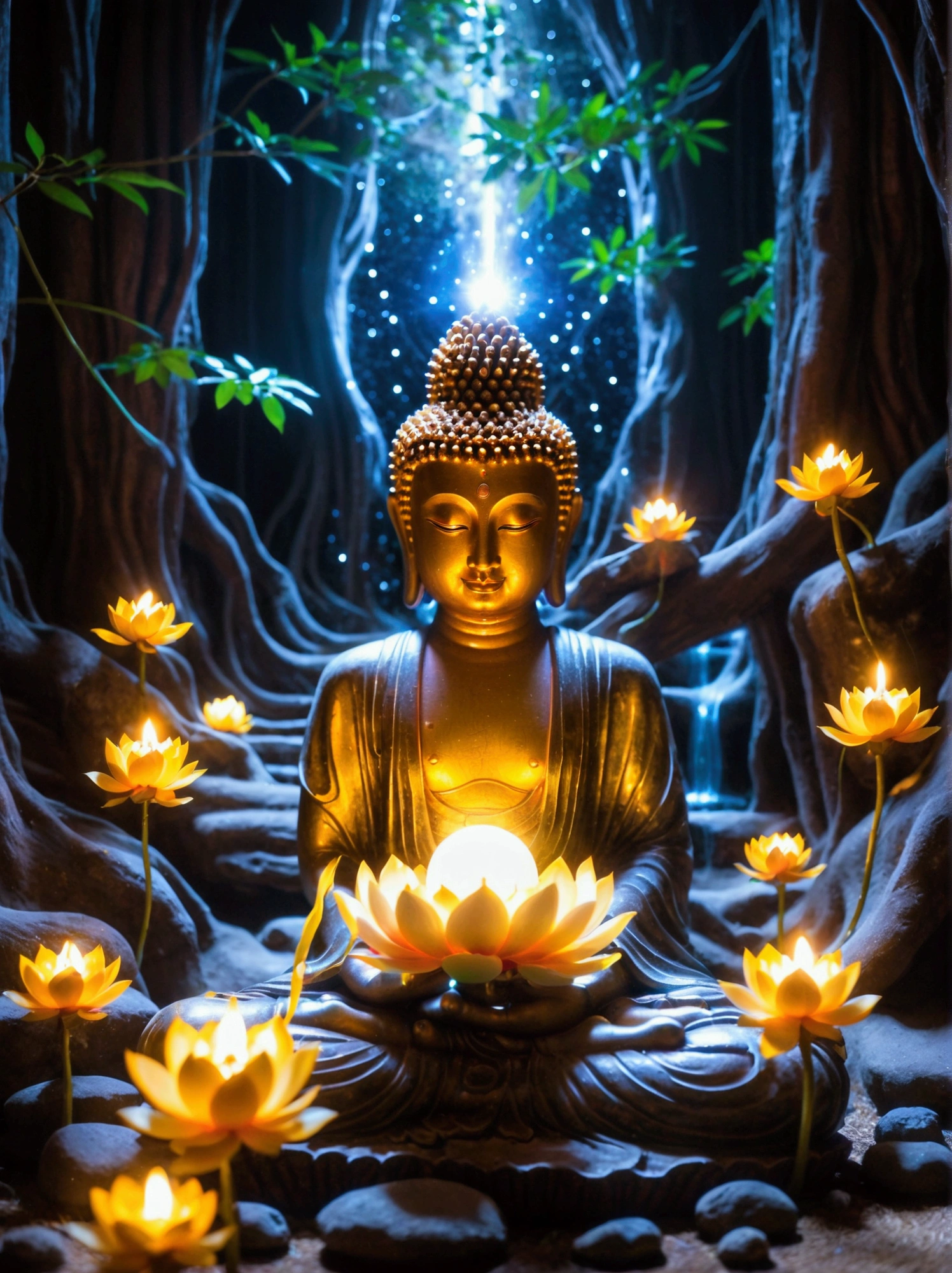 buddha with glowing lights and a glowing orb, buddhism, enlightenment. intricate, glowing from within, spiritual enlightenment, the buddha, on path to enlightenment, on the path to enlightenment, cosmic enlightenment, enlightened, beautiful depiction, emanating and flowing energy, samsara, glowing golden aura, an interdimensional being, the sacred cup of understading