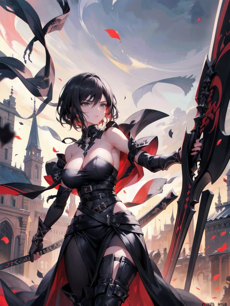 1 warrior women, expressive black eyes, black short hair, dressed with a black drape, using his massive two hand sword ,fighting pose ,black petals fall from the sky in big medieval city in sunset in background, detail richness, masterpiece, best quality, realistic rendering