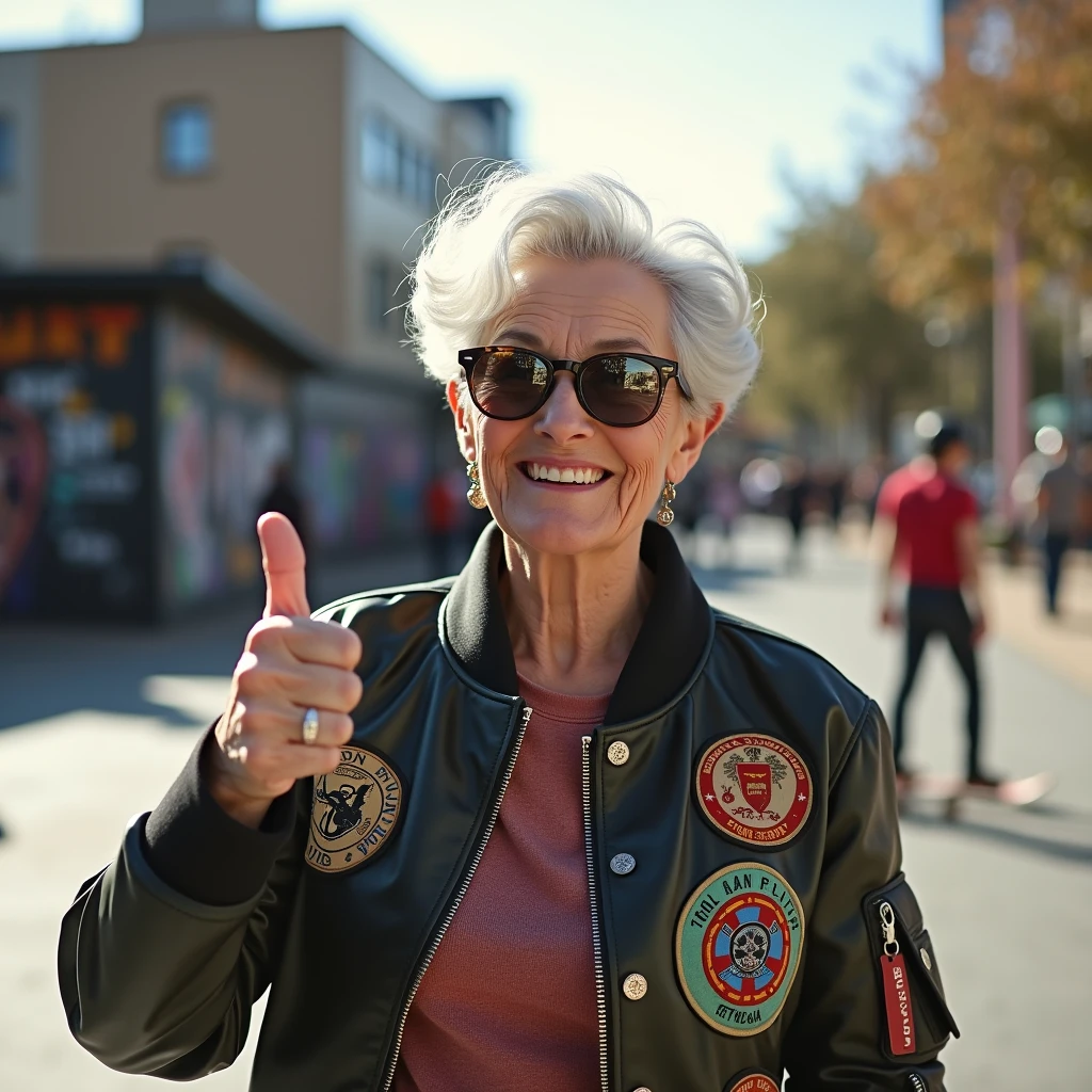 ぐーサインをするイケイケ婆さん: "Draw a lifelike, realistic image of an elderly woman with stylishly cut silver hair, wearing cool, mirrored sunglasses. She is flashing a confident thumbs-up with a cheeky grin on her face. She is dressed in a trendy bomber jacket with patches, and the background is a hip, urban park with street art and skateboarders, emphasizing her cool, modern vibe."