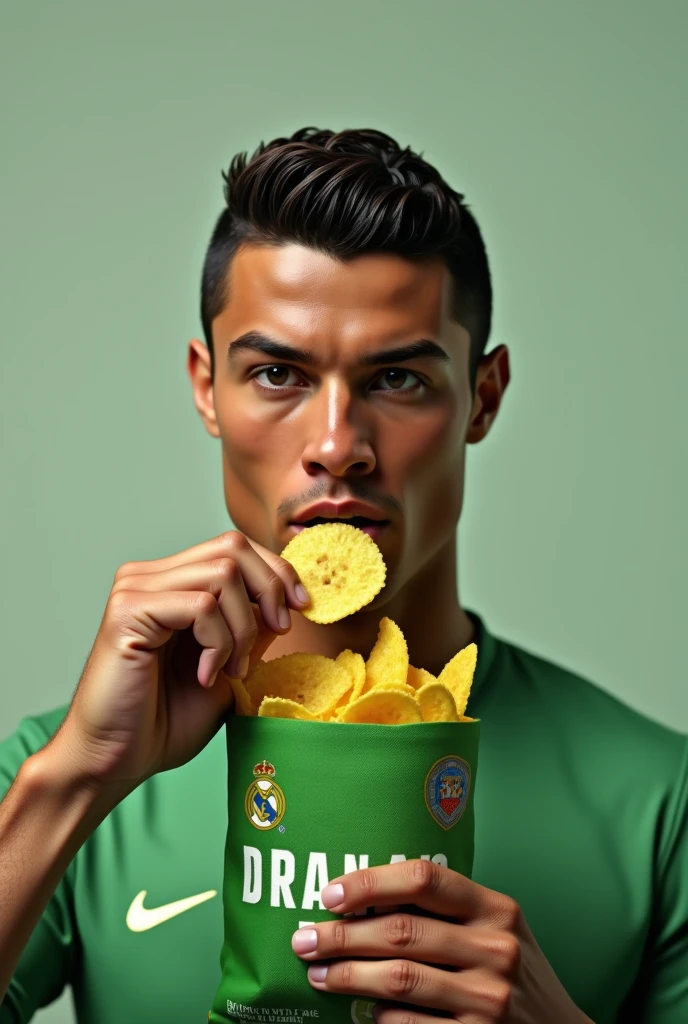 Create an image of Cristiano Ronaldo, eating from a package of green plantain chips , With the name of : ONE OF THESE