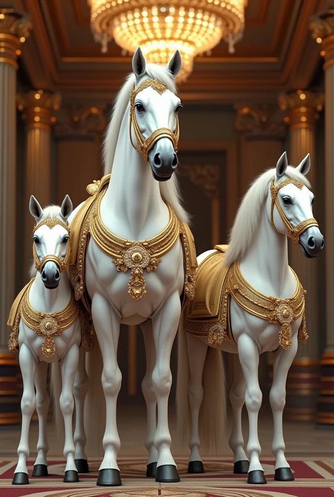 Royal 4 member family of white horses (mom dad 2 sons) with royal costume in palace with crown