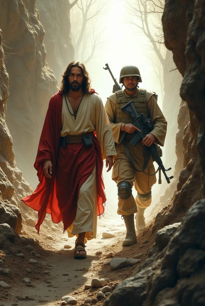 You could create Jesus Christ leading a military soldier down a narrow path with many obstacles and a bright light in the background., 
