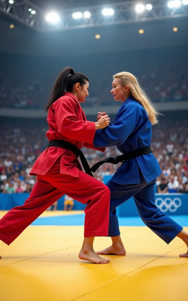 Ultra-high resolution,Women's judo at the Olympics,Two people competing on the same stage,A red judo uniform,A blue judo uniform,( The one wearing the red judo uniform is an 1 Korean beauty,Super beautiful,Super fair skin)(The girl wearing the blue judo uniform is an American blonde) full-body shot,Panoramic vistas,Wide-angle lens,Olympic Judo,Olympic competition background,The Red Team and the Blue Team compete on the same stage,Fall,suppress,Exaggerated actions,Large amplitude of action,Intense stimulation,be booked up,The venue was full of audience,enthusiasm,