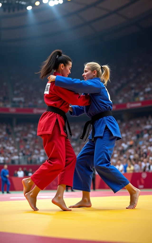 Ultra-high resolution,Women's judo at the Olympics,Two people competing on the same stage,A red judo uniform,A blue judo uniform,( The one wearing the red judo uniform is an 1 Korean beauty,Super beautiful,Super fair skin)(The girl wearing the blue judo uniform is an American blonde) full-body shot,Panoramic vistas,Wide-angle lens,Olympic Judo,Olympic competition background,The Red Team and the Blue Team compete on the same stage,Fall,suppress,Exaggerated actions,Large amplitude of action,Intense stimulation,be booked up,The venue was full of audience,enthusiasm,