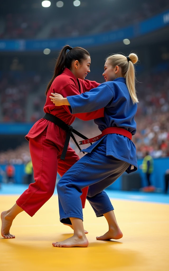 Ultra-high resolution，Women&#39;s judo at the Olympics，Two people competing on the same stage，A red judo uniform，A blue judo uniform，（ The one wearing the red judo uniform is an 1 Korean beauty，Super beautiful，Super fair skin）（The girl wearing the blue judo uniform is an American blonde） full-body shot，Panoramic vistas，Wide-angle lens，Olympic Judo，Olympic competition background，The Red Team and the Blue Team compete on the same stage，Fall，suppress，Exaggerated actions，Large amplitude of action，Intense stimulation，be booked up，The venue was full of audience，enthusiasm，