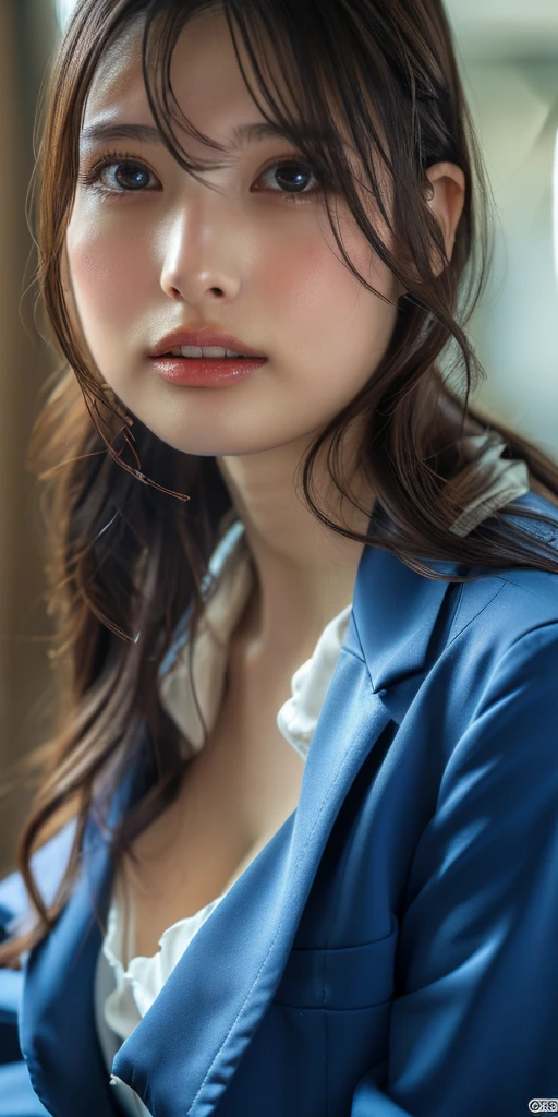 (Surreal), (Awareness-raising), (High resolution), (8k), (Very detailed), (The best Awareness-raisingns), (Beautiful fine brown eyes), (Highest quality), (Ultra-detailed), (masterpiece), (wallpaper), (Detailed face), Droopy eyes,Sweaty, whole body, Long legs,Underarm,ponytail,Colored inside,alone, ((非常にhugeで卑猥な顔より大きな胸)), Cleavage, Japanese, huge 、Laughter, Wearing a blue blazer, Short skirt, office uniform, office