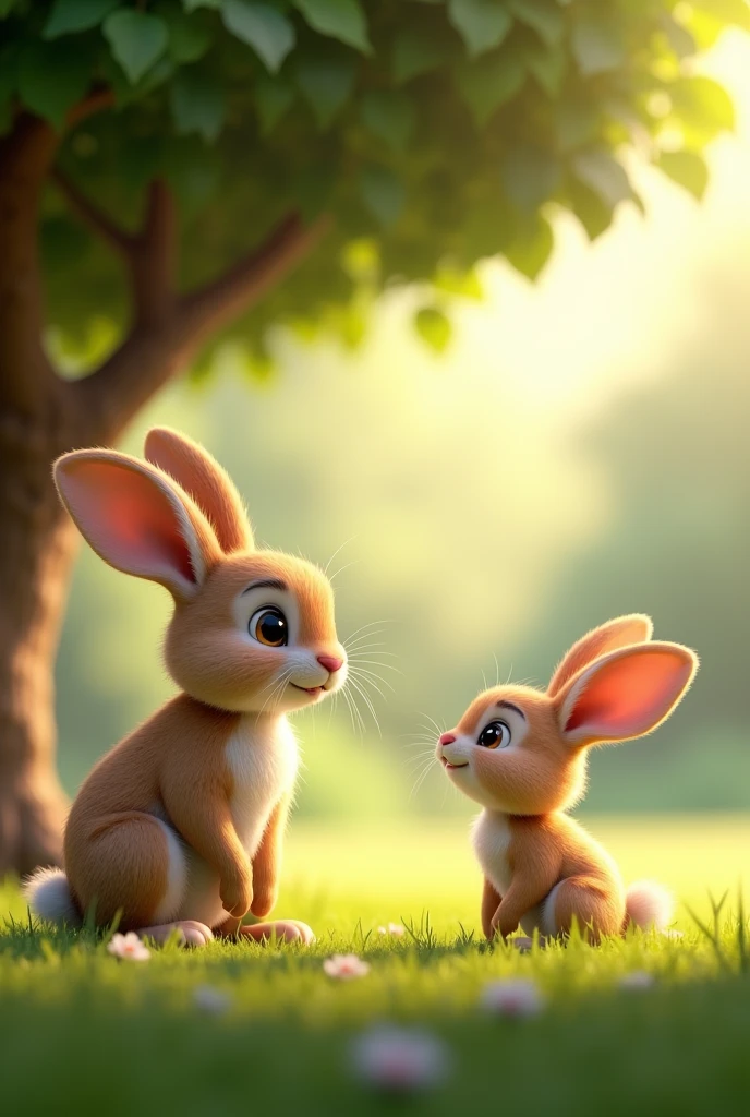 In 3d animation story "Mini, the tiny rabbit, with wide, curious eyes, asks her mother, "Why do we hop?" The mother rabbit smiles gently, sitting on a patch of soft grass under a big tree, with dappled sunlight filtering through the leaves."