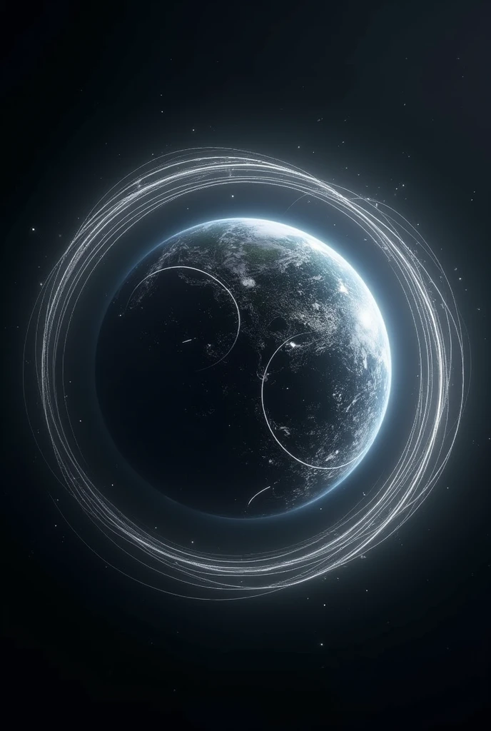 A black planet with white lines and surrounded by white rings