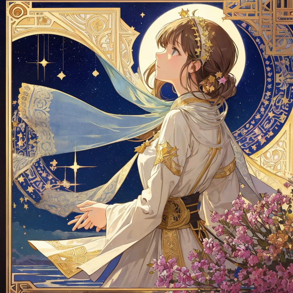 1 girl, (masterpiece, highest quality, highest quality, beautiful and aesthetic: 1.2), (1 girl: 1.3), delicate clothing, square picture frame, ((face)), sharp pupils, cool face, Alphonse Mucha's, Traditional Arab dress, color hairstyle, Ultra-detailed, Soft Light, Gentle colors, solo, dynamic, (((star patterns in the background))), ((profile)), アクセサリー, close up