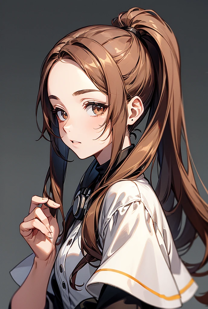 One person, solo, High resolution, Long Hair, Simple Background, Close your mouth, Impressionism, masterpiece, headphone、Brown Hair, ponytail,