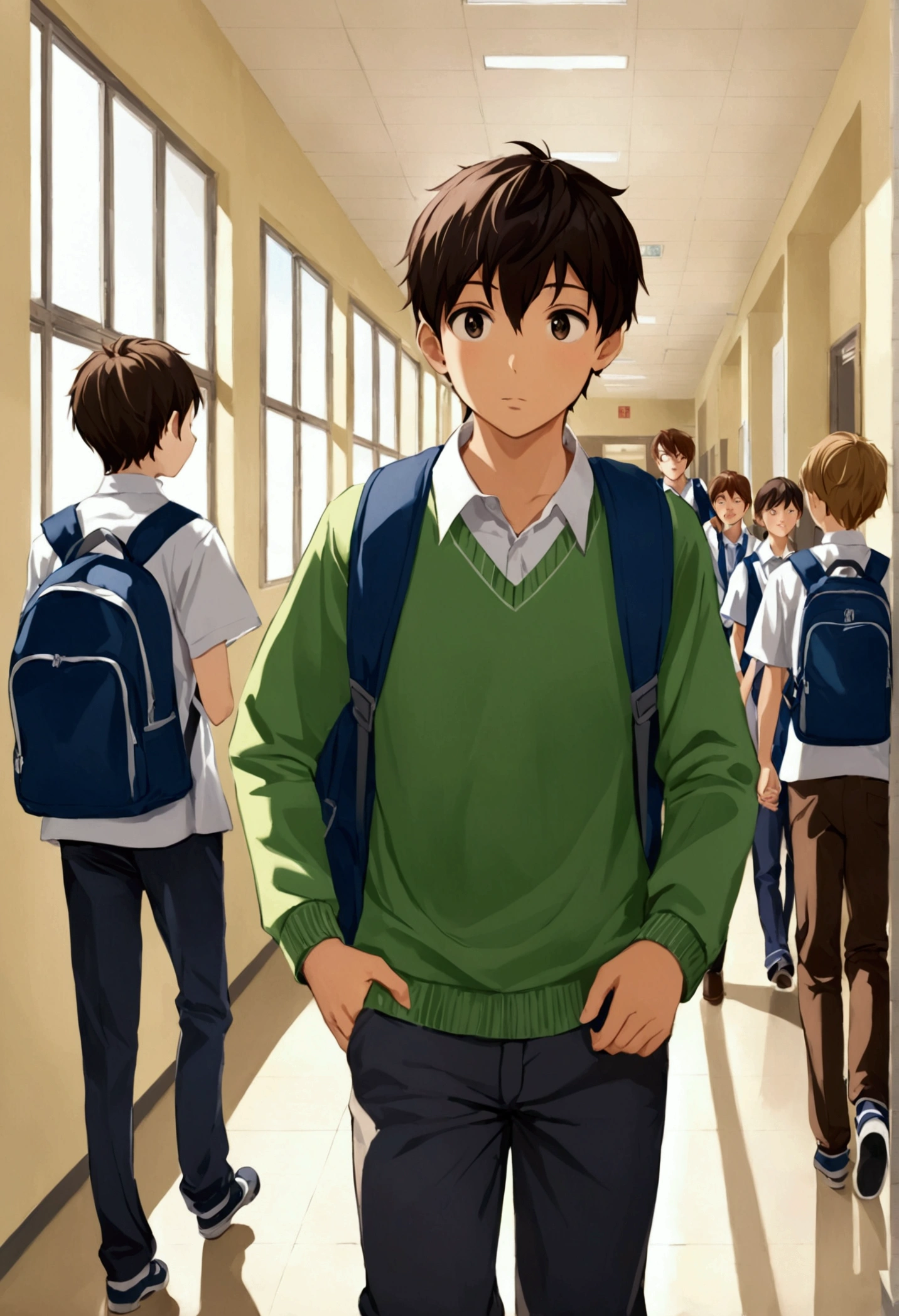 A boy walking down a school hallway, with other students watching him while talking to each other