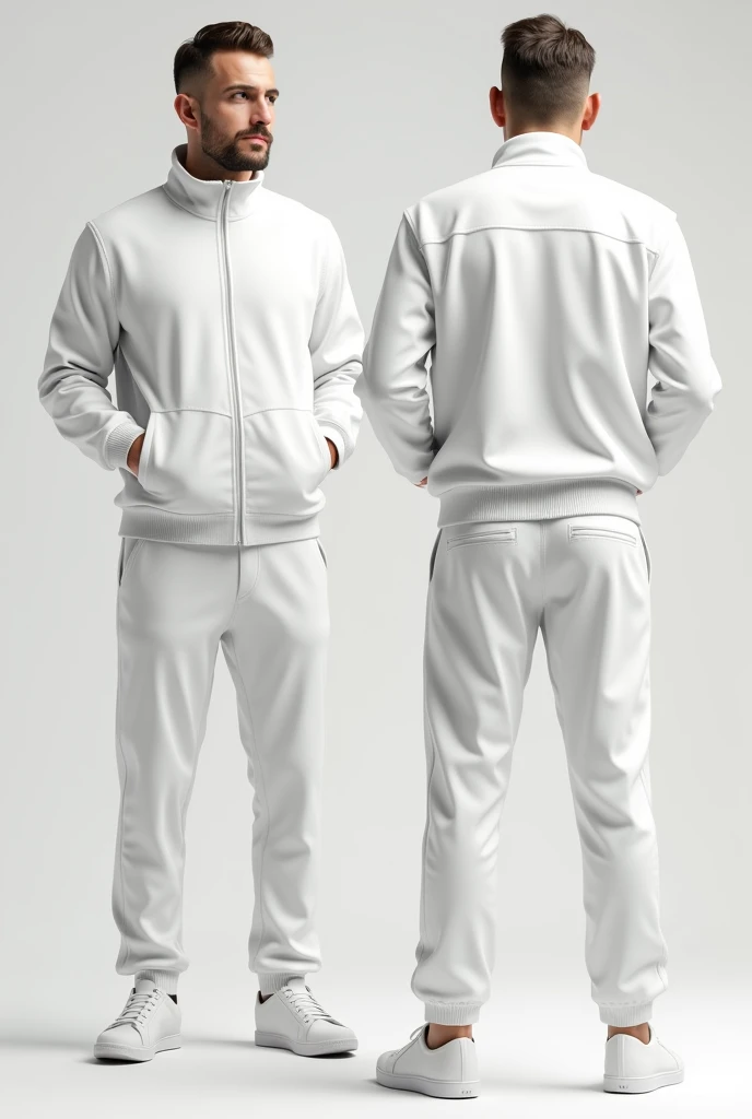 A mockup wearing tracksuit white, with texture view in side front and back