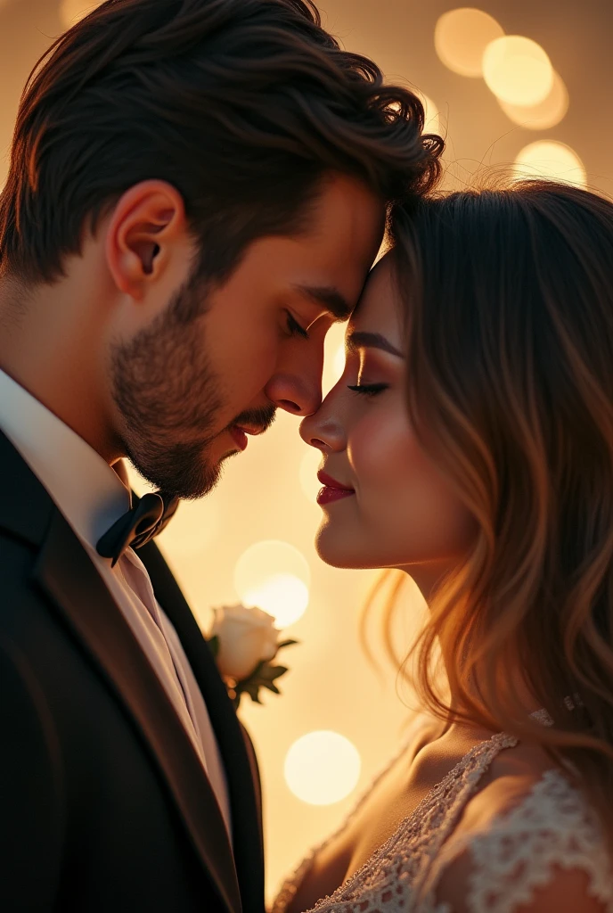 A romantic photo of a handsome young man in suit and a beautiful young woman. Close up. It should look magical and they are facing each other