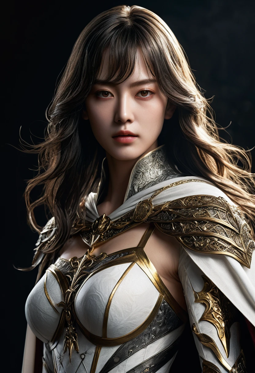 genius idol Akechi, long hair, black hair, subtle makeup, golden hour, photorealistic, high contrast, 8k HD, detailed, hyper-detailed, realistic skin texture, tiny breast, best quality, ultra high res, raw photo, dramatic lighting, unreal engine, diffuse glow intricate silver eaba, white imperial cape, spear, ((sword)), no helm, intricate details High Quality, 8k, Realistic, Ultra-Detailed, Dramatic Lighting, Soft Focus, Digital Illustration, Intense Expression, Strong Gaze, Intense Emotion, Complex Mechanics, Advanced Technology, Dark Background, Cinematic, High Contrast, Moody, Strict, Atmosphere, (Best Quality, 4k, 8k, High Definition, Masterpiece: 1. 2 ), ultra-detailed, (realistic, graphic, photorealistic:1.37) --no glass