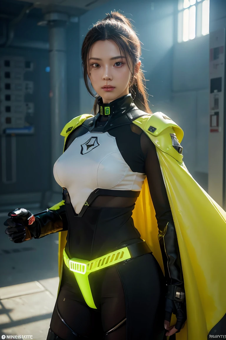 ((Best quality)), ((masterpiece)), (detailed:1.4), 3D, an image of a beautiful cyberpunk female with a cape, HDR (High Dynamic Range),Ray Tracing,NVIDIA RTX,Super-Resolution,Unreal 5,Subsurface scattering,PBR Texturing,Post-processing,Anisotropic Filtering,Depth-of-field,Maximum clarity and sharpness,Multi-layered textures,Albedo and Specular maps,Surface shading,Accurate simulation of light-material interaction,Yellow Neon suit, Perfect proportions,Octane Render,Two-tone lighting,Wide aperture,Low ISO,White balance,Rule of thirds,8K RAW,