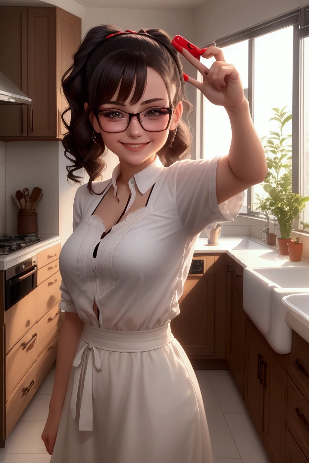 There's a woman taking a selfie in a kitchen, an image inspired by Ion Andreescu, reddit, taquisma, with glasses, slight nerdy smile, Aleksandra Waliszewska, Anna Nikonova aka Newmilky, cute and slightly nerdy smile, Victoria Gavrilenko, 1 girl, selfie of a young woman