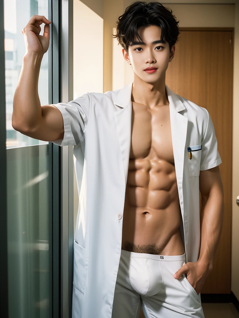 Crowded hospital, hospital display, sexy doctor In the middle of crowded hospital, Sweat dripping all over the body, in the sweat covering all over the body, inside the bussy hospital background, Full body photo, wearing eye glasses, wearing stethoscope in his neck, Very thin thong, Proudly showing off his sweaty very hairy armpits to audience, completely naked just wearing thin white thong, wearing transparent doctor Coat, boy, very young boy, Cinematic soft lighting illuminates a stunningly detailed and ultra-realistic handsome korean male supermodel, ultra messy curly hair, clear honey eyes, captivating perfect smile, sensual, hot man, insanely handsome, showing off his sweaty body, very sixpack muscular body build, slender, toned, full body, 8k, photography, masterpiece, detailed face, detailed eyes, sexy, beautiful abdomen and beautiful legs and a detailed big hard bulge, expression of ecstasy, excited, slim, detailed eyes and lips, sixpack and fit body. Image quality is of the highest standard, with ultra-detailed features and a realistic appearance. The colors are bright and vibrant, enhancing the overall aesthetic. The lighting is soft and natural, casting a soft glow on the boy, don't merge body's