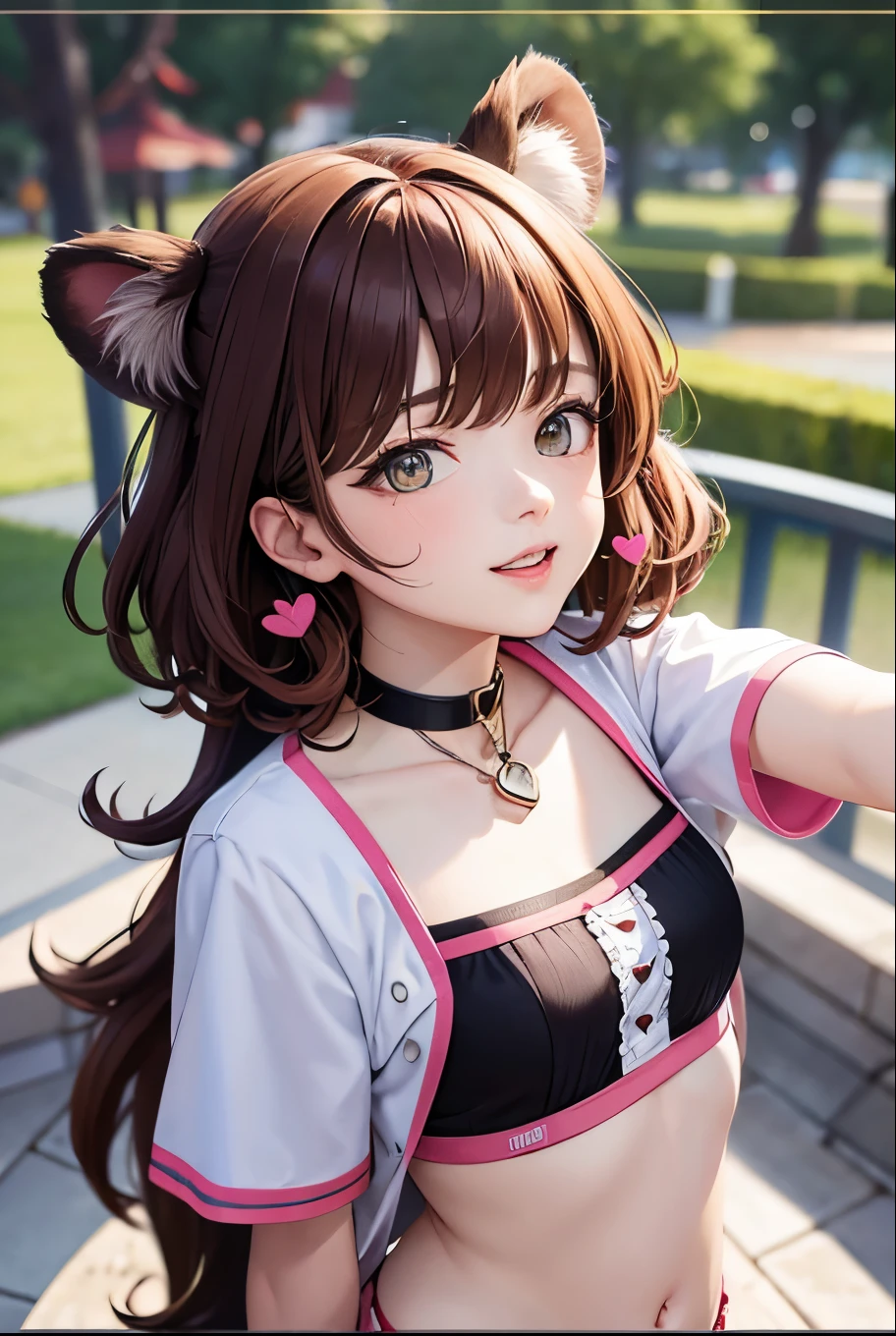Top quality, highly detailed, UHD, idol, playing at an amusement park, cute and beautiful anthropomorphic koala girl with brown curly bob hair wearing a heart-shaped choker, casual clothes