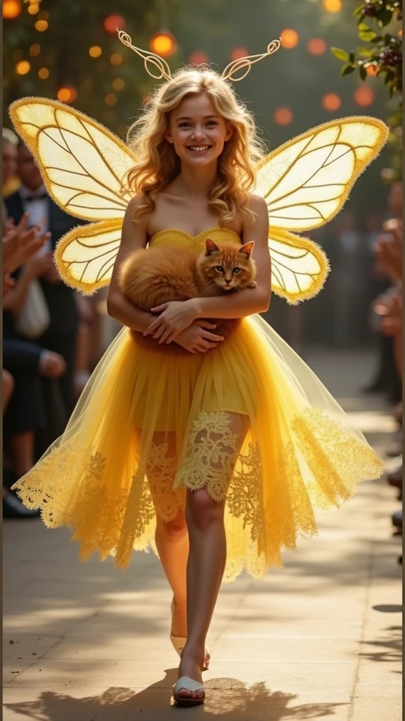 A wearing a lacy yellow dress with shining fairy white wings, holding a fluffy orange cat. They walked on the catwalk, creating a festive and graceful scene. Her dress and wings give the impression that she is a fairy from a fairytale world, ready to bring joy and magic.