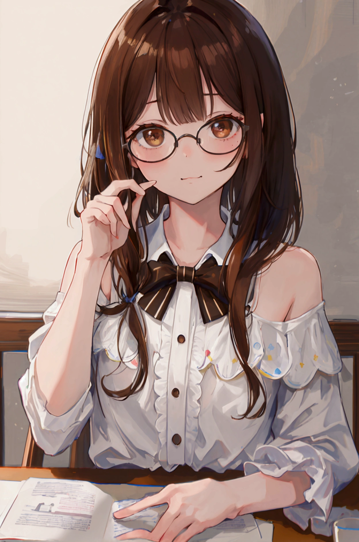 (masterpiece, Best Quality, 8k, raw photo, absurdities:1.2), film grain, chromatic aberration, High resolution, finely detail, 1 girl with shoulder length brown hair with straight bangs, brown eyes and round glasses, 1 boy with dark brown hair, with a brown mustache but with a white part, with brown eyes and rectangular glasses