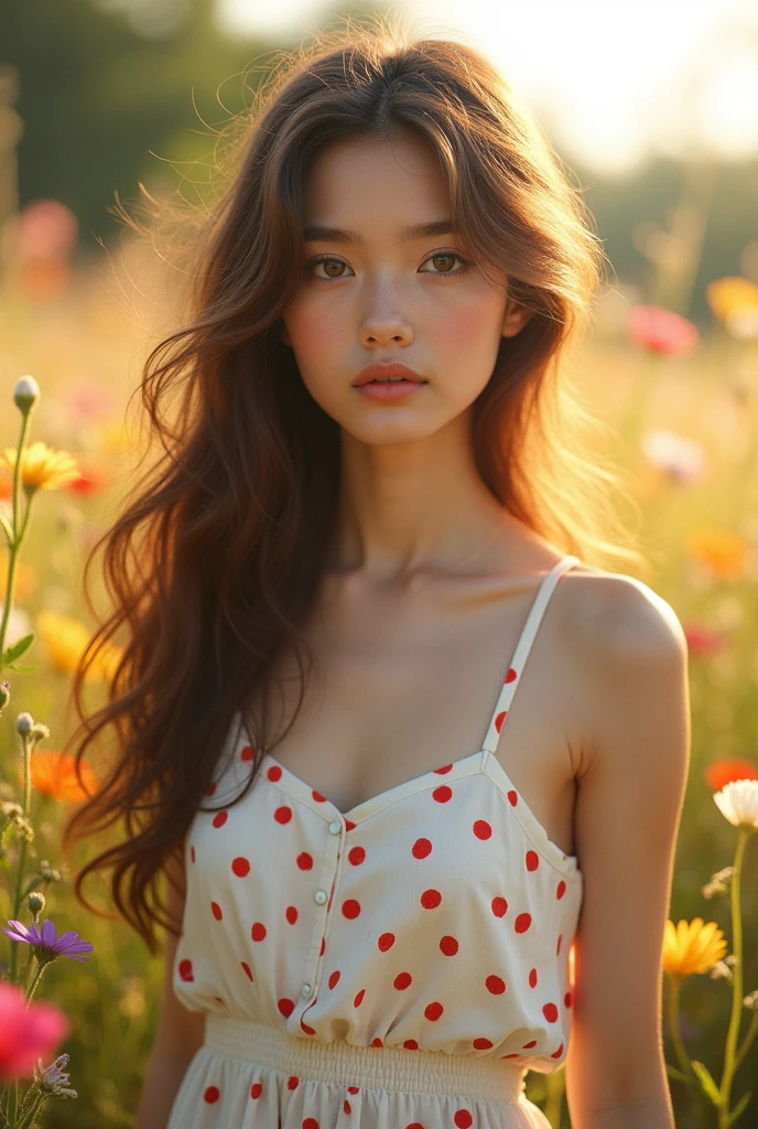 Very beautiful girl in a white dress with red polka dots, with beautiful hair stands on a flower meadow illuminated by the sun photo is very realistic of the highest quality