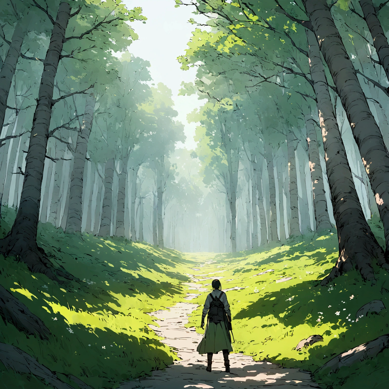 High-definition disaster masterpiece,Canon,RAW Photos,(truth:1.4),Poster Effects,The base color is light,Natural light, noon,Vast grassland,There was a light fog.,spring,The main color is green,stream,Vast birch forest,First Person View